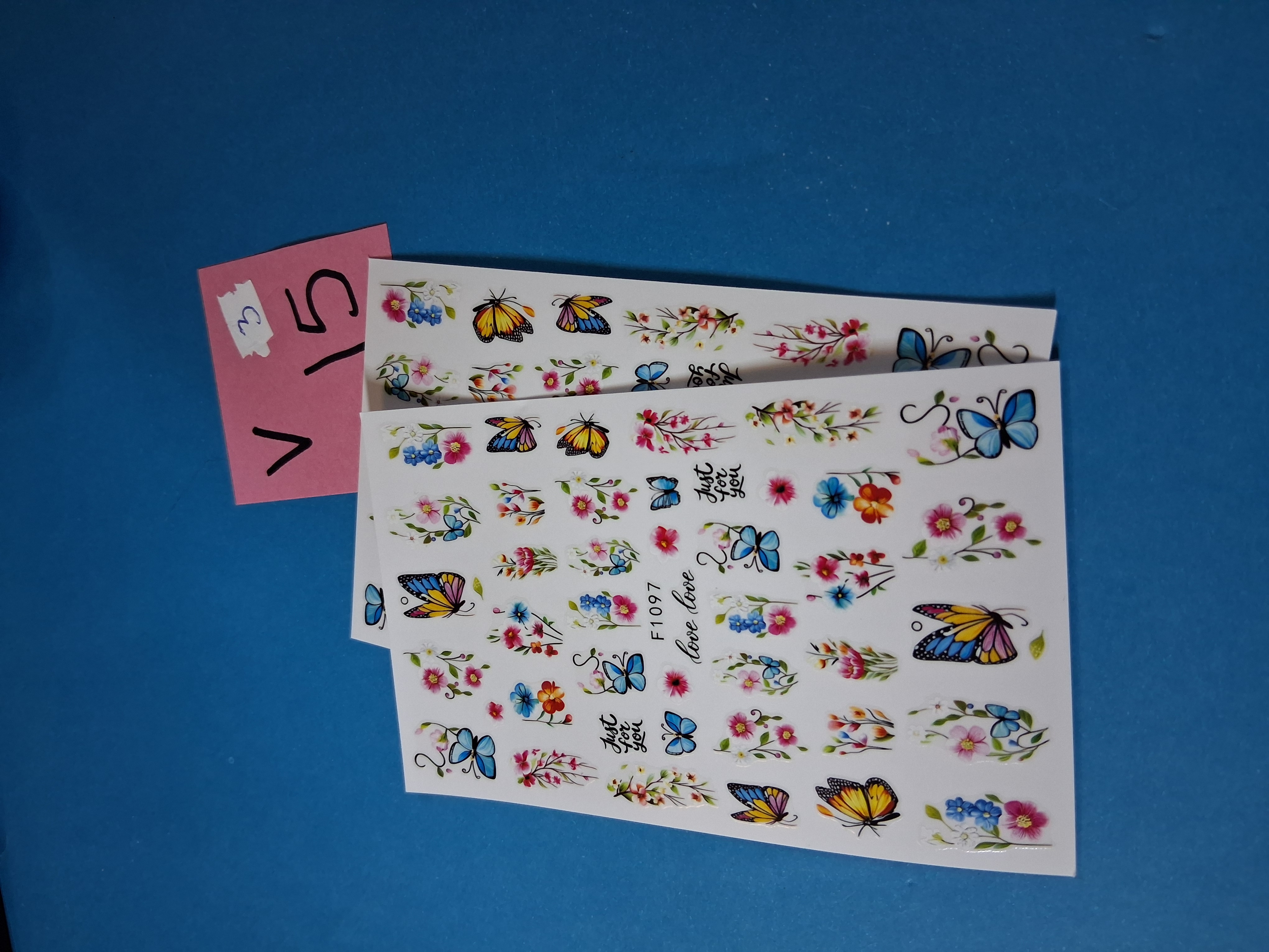 Nail Art Stickers — INV 15V-3 Butterflies & Flowers "Just For You" (F1097, 2 sheets)